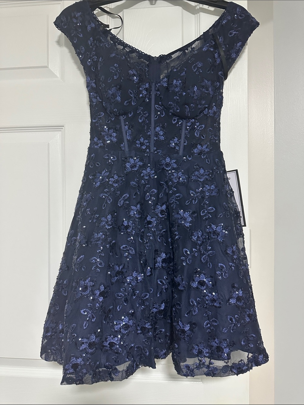Navy Blue Floral Sequin Party Dress junior 3/4 ( fits Xs to S)